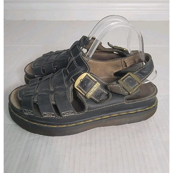DR MARTENS Y2K Vtg UK 10 Black Distressed Leather Fisherman Sandals England main image 15